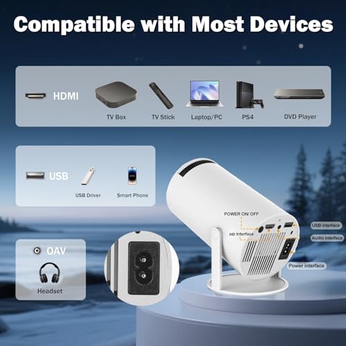 Image of Mini Projector Support 1080P, 200 Ansi Home Movie Projector Portable Projector with Wifi and Bluetooth, Automatic Keystone Correction, 180Rotatable, Compatible with HDMI USB PC Laptop