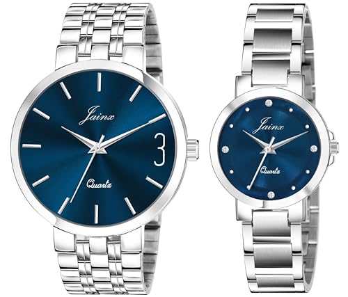 Image of jainx Steel Chain Gift Set Analog Wrist Watch for Couple (Blue /Green Color Dial)