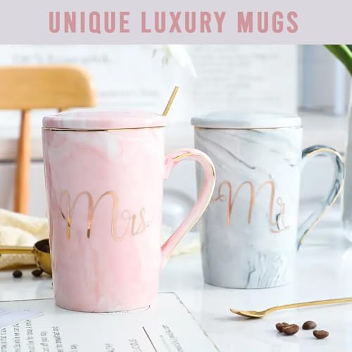 مجموعة أكواب قهوة بطباعة Mr. و Mrs. من أمرتير، أكواب سيراميك رخامية 14 أونصة مع أغطية ومغارف، مثالية للعروس والعريس، مثالية لحفلات ما قبل الزفاف والخطوبة والذكرى السنوية وأكواب الأزواج المتزوجين