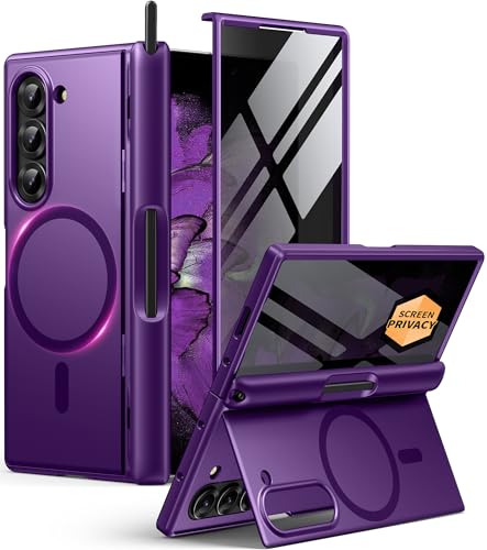 BERFY for Z Fold 6 Case with Privacy Screen Protector, [Compatible with MagSafe] Built-in Kickstand & S Pen Slot & Hinge Protection, Full Body Shockproof Phone Case for Samsung Galaxy Z Fold 6, Purple