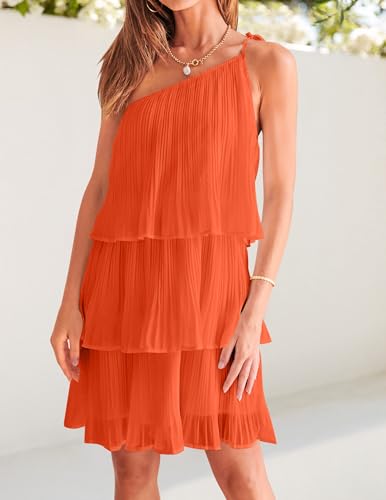 Image of ZESICA Women's Boho Summer One Shoulder Sleeveless Ruffle Tiered Layered Chiffon Pleated A Line Flowy Mini Dress