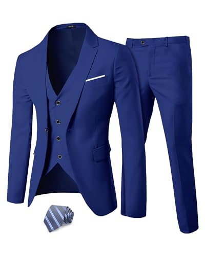 MY'S Men's 3 Piece Suit Set with Tie, One Button Slim Fit Solid Jacket Vest Pants, Prom Party Wedding Business Suits for Men, Sapphire Medium