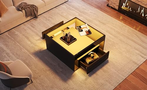 Mesa de centro para salas pequeñas Anself en negro brillo con luces LED 2
