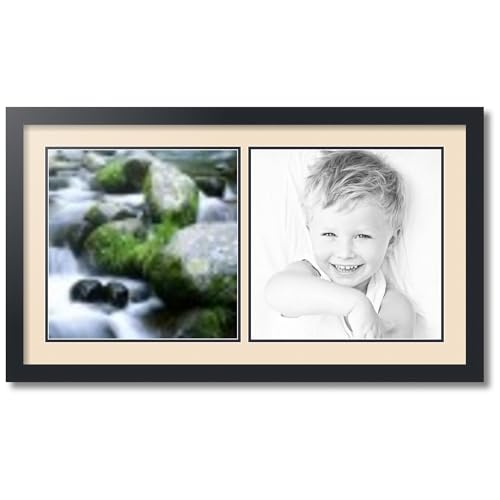 ArtToFrames Collage Photo Frame Double Mat with 2-13x13 Openings with Satin Black Frame and French Creme mat.