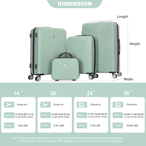 4-Piece Abs Lightweight Suitcase Set with 14 Inch Makeup Box, Aircraft Wheels (14/20/24/28) Olive Green3