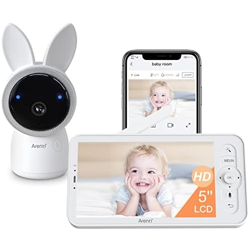 Arenti Babyphone mit Kamera 2K/3MP, 5 Zoll WiFi Video Babyphone PTZ 355°, IR Nachtsicht, VOX-Modus, Zwei-Wege-Audio, Nachtlicht, Schlaflieder,Temperaturanzeige, unterstützt Mobile App Steuerung - Weiß