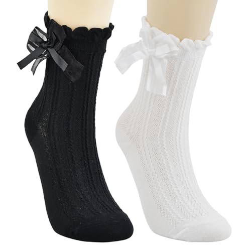 2 Pares Calcetines con Volantes Suaves y Transpirables, 39-42 Calcetines de Tobilleros de Lolita de Encaje, Ideales para Mocasines de Mujer con Estilo Lolita y Elegancia Princesa, Negro y Blanco