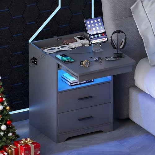 Gurexl LED Nachtschrank mit 3 Licht Dimmbar, Smart Nachttisch mit Ladefunktion, Abschließbare Schubladen Sideboard mit 3 Schubladen USB Type-C...