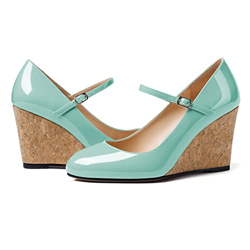 Mettesally Women's Wedge Heel Pumps Cork High Heels Round Closed Toe Mary Jane Strappy Party Office Shoes4