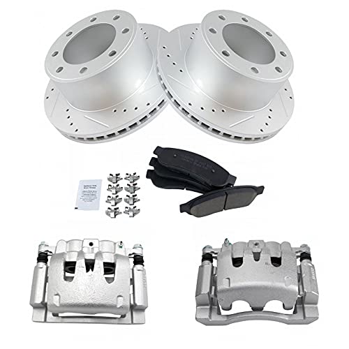 Image of TRQ Rear Performance Brake Pad, Caliper, & Rotor Kit Ceramic Premium G-Coated Compatible with 2008-2012 Ford F-250 Super Duty 2006-2012 F-350 Super Duty