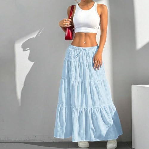 Women Flowy Flared Ruffle Long Skirt Casual Loose Fit Tie High Waist Solid Layered A-line Swing Boho Maxi Skirt2