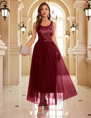 Image of BeryLove Sequin Dress for Woman Vintage A Line Wedding Formal Swing Mesh Dress Sleeveless Cocktail Maxi Gowns