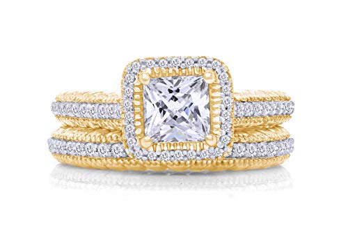 AFFY Princess & Round White Cubic Zirconia Engagement Bridal Ring Set in 14k Yellow Gold Over Sterling Silver Ring Size-13.5