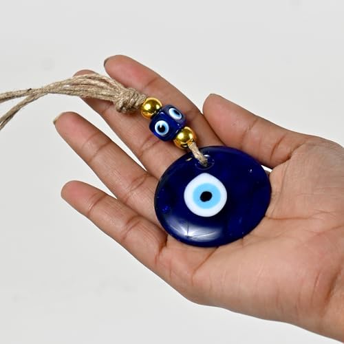 Image of Handmade Turkish Evil Eye Hanging with Beads for Decoration of Home Shop Office Garden and Car (Golden Blue)