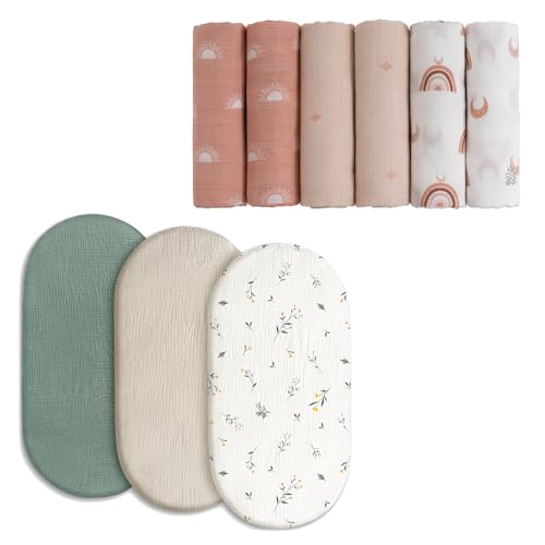 Image of GLLQUEN BABY Receiving Blankets Cotton Muslin Swaddle Blankets for Girl and Boy, 3 Pack Muslin Bassinet Sheets Breathable Elastic Cozy Fitted Cotton Bassinet Mattress Sheets