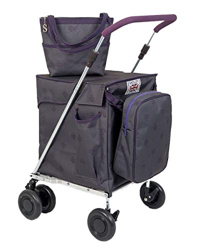 Sholley Deluxe gama 'The Kensington Combination' u0096 Carro de la compra plegable con ribete morado, carrito de la compra, carro de la comida, bolso a juego, bolsa fría y bolsa separadora interna gratis
