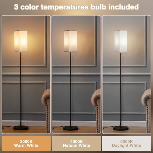 Image of Ambimall Floor Lamp with 3 Color Temperatures Bulb & Pull Chain Switch, 64 inch Standing lamp, Beige Square Shade & Black Pole