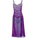 Robe Longue Fendue Transparente pour Femmes Jupe en Maille Teddy en Dentelle Une pièce Nuisette Sexy Deep-V Dos Ouvert Nuisette Lingerie (Violet2,L)