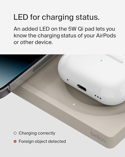 Image of Belkin MagSafe-Compatible 2-in-1 Wireless Charger 15W, Fast Charging Station for iPhone 16, 15, 14, 13 Series, AirPods, and More - Dual Device Charging Pad - Sand | 15W Magsafe for Iphone, 5W Qi Pad for Airpods, 25W Power Supply and 5ft USB-C Cable Included, 2-Year Warranty