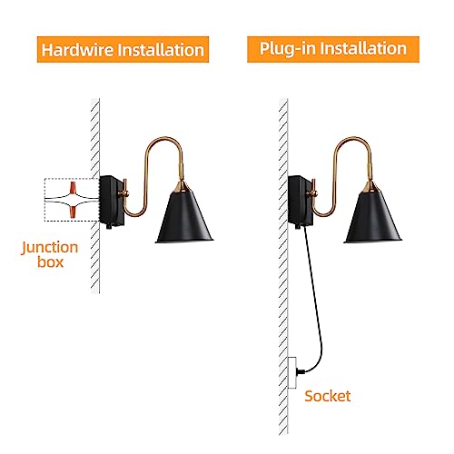 Image of Plug in Sconce with Dimmable Switch and USB Port, Vintage Adjustable Lighting Angle Wall Lamp,Black Industrial Bedside Light for Bedroom, Living Room and Hotel