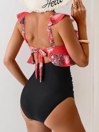 Image of Eomenie One Piece Swimsuit for Women Tummy Control Ruffle Bathing Suit V Neck Ruched Swim Suit Slimming Cutout Swimwear
