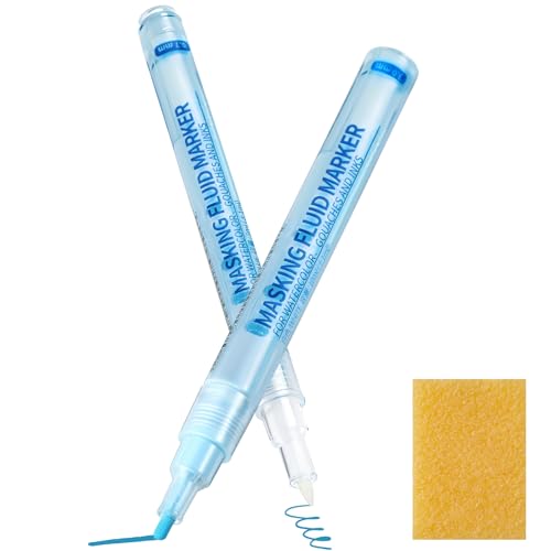 Feifeiya 3 Pcs 2 Blue Masking Fluid Pen for Watercolor Painting with 1 Cleaning Eraser 0.7mm and 3.0mm Masking Fluid Marker Applicator Tip for Watercolor Ink Various Art Projects Gouache Painting