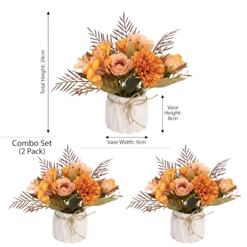 Image of Dekorly Artificial Lavender Plant in White Pot, 18cm - Realistic Faux Flower Arrangement for Home & Office Decor (Set of 1) (2, Orange Chryshydra Flower)