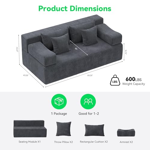 Image of MONVANE 70 inch Modular Sectional Sofa, Boneless Loveseat, Charcoal Grey | Boneless Couches for Living Room, No Assembly Required, Removable Armrests, High-density Resilient Foam