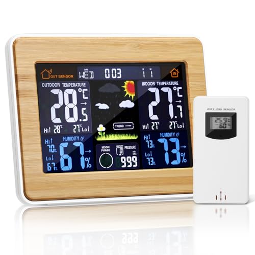 AOZBZ Drahtlose Wetterstation mit Außensensor, Innen- und Außenthermometer mit Zeit, Digital Thermometer, Temperatur, Luftfeuchtigkeit, Barometer,...