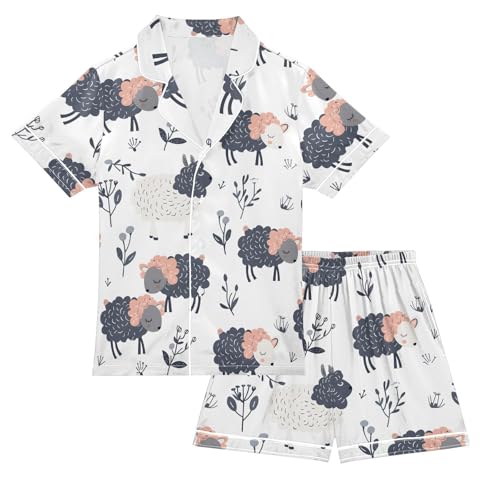 ALAZA Cartoon Animals Sheep Leaf Satin Pajamas Set Short Sleeve Button Down Sleepwear Summer Pjs 2 Piece