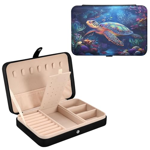Haskirky Sea Turtle Jewelry Box Portable PU Leather Travel Jewelry Organize for Women Jewelry Storage Display Holder for Ring, Necklace, Earring