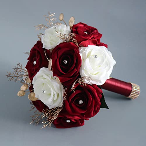 Artificial Bride Bouquets For Wedding, White Wine Red Simulation Artificial Roses Flowers Bouquet For Bride Church Home Wedding Decoration, 9 Inch #TOP3