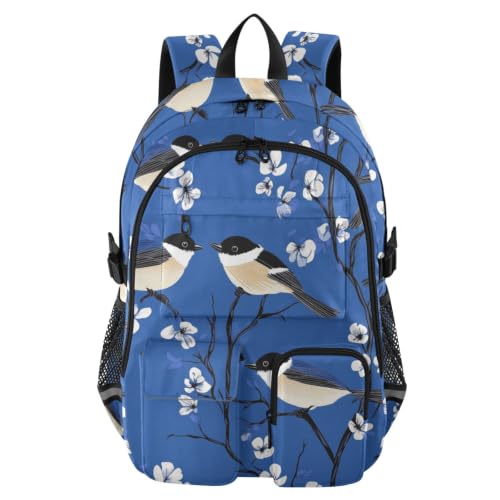 Mochila para laptop negra con tapa de pájaros azul real y gran capacidad