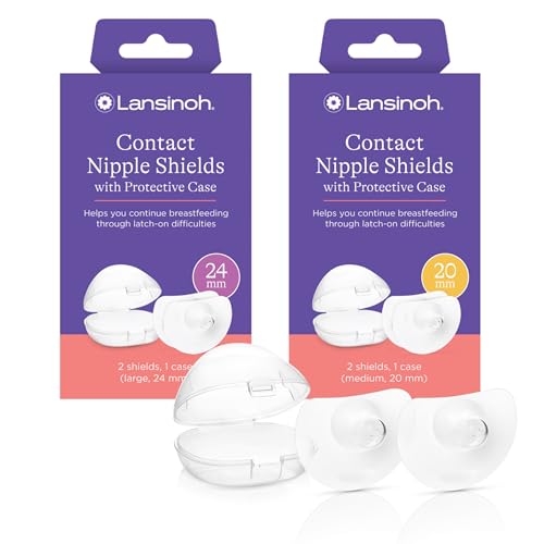 Lansinoh Contact Nipple Shields for Nursing Mothers, Ultra-Thin Soft & Flexible Medical-Grade Silicone Shields for Sensitive Nipples, Latch-On Support, with Protective Case, 20mm + 24mm, 4 Count