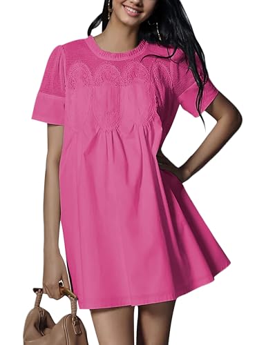 Image of Womens Summer Lace Mini Babydoll Dress Ruffled Collar Short Sleeve Loose Mesh Swing Elegant Flared Sundress