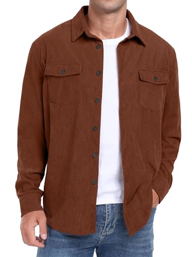 QIXING Men's Corduroy Button Down Shirts Long Sleeve Shacket Trucker Jacket Autumn Winter Coats with Flap Pockets (Brown, M)