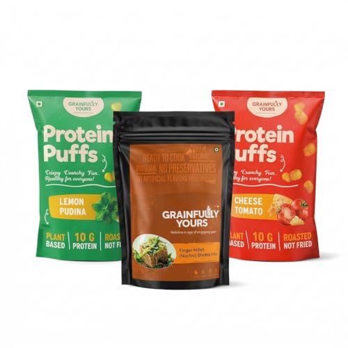Image of Grainfully Yours Healthy Snack & Breakfast Combo - Ragi (Nachni) Dhokla Mix, Protein Puffs Lemon Pudina & Cheesy Tomato, Plant-Based, High Protein, Roasted Snacks & Millet Mix, No Preservatives