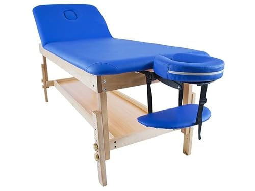 QUIRUMED Feste Holztrage mit klappbarer Rückenlehne und Tablett, Blaue Farbe, 186 x 70 cm, Holz, Kunstleder, höhenverstellbar, Armlehnentablett, Gesichtsloch, bis zu 180 kg