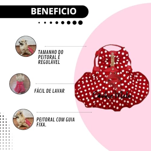 Coleira Peitoral Vermelho com Bolinha Guia Pet Saia Vestido Roupa Cachorro Gato Lacinho (M)