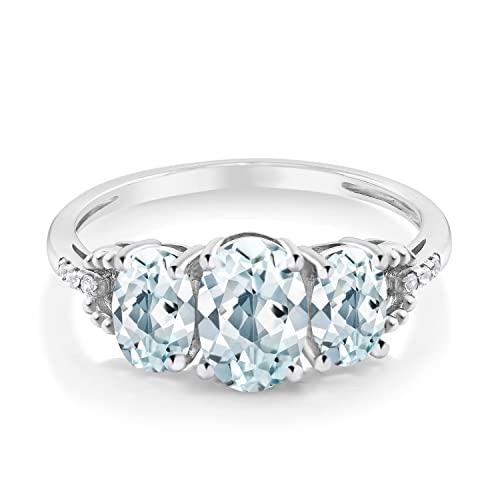 Gem Stone King 10K White Gold Sky Blue Aquamarine and Diamond Accent Engagement Ring For Women | 1.77 Cttw | Oval 7X5MM and 6X4MM | Available in size 5, 6, 7, 8, 92