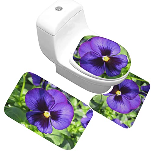 3 Teilig Badematte Set Lilane Blumen 3D Badematten Set rutschfest, Badezimmerteppich,U-förmiger WC-Vorleger,WC…