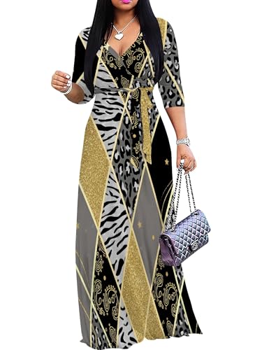 Image of PinkPatty Women's Plus Size Maxi Dresses Casual Flowy 3 /4 Sleeves Dress Printed Vacation Dress for Daily Wear with Belt
