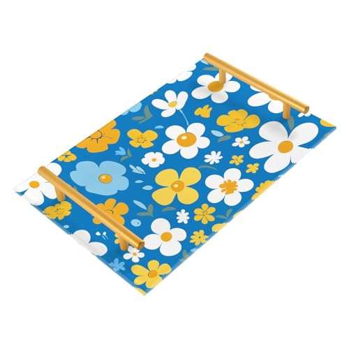 Bandejas decorativas de plástico con asas de dibujos animados de flores amarillas blancas y amarillas con fondo azul, bandeja de servicio de habitación para joyas, perfumes, fiestas, servir charola