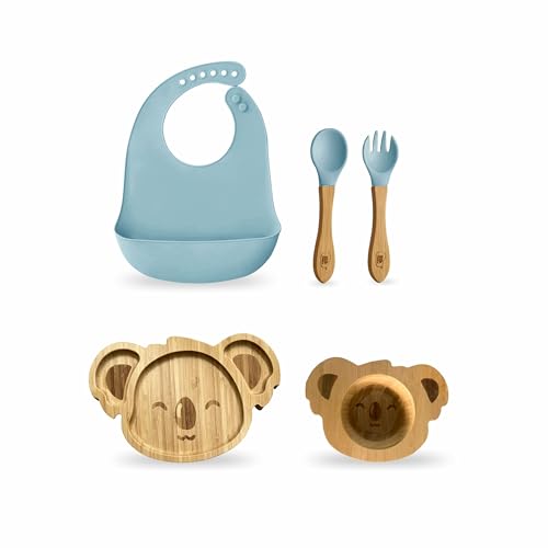 Image of Kids Station Koala Design 5-Piece Silicone Feeding Set for Babies | BPA-Free, Includes Suction Plate, Bowl, Spoon, Fork & Bib | Ideal for Infants & Toddlers (Set of 5 Koala Feeding Set, Blue)