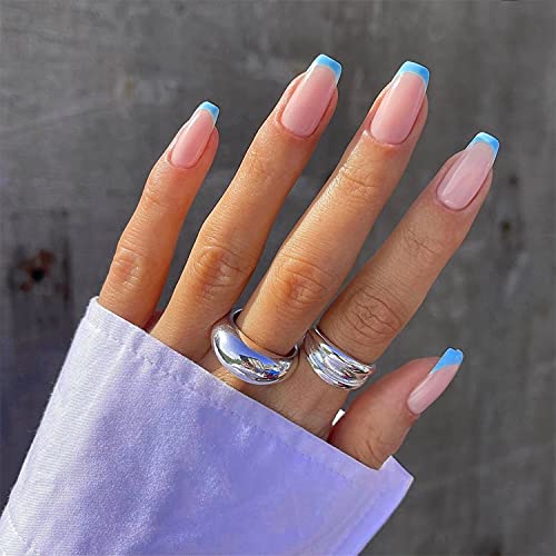 Babalal French Press On Nails Medium Square Full Cover False Tips Blue False Nails Glossy Stick On Nails With Glue For Women And Girls #TOP5