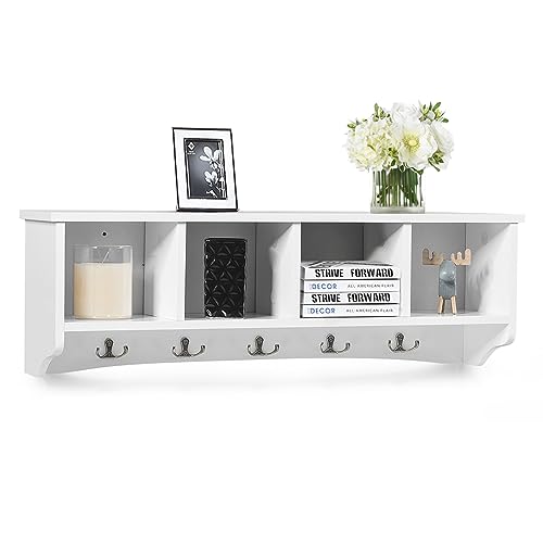 COSTWAY Armadio da Ingresso Montato al Muro, Appendiabiti Appeso con 4 Scompartimenti e 5 Ganci Doppi, Ideale per Salone e Cucina, 72 x 15,5 x 23 cm (Bianco)