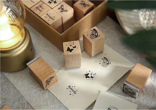 Fciqven 16 Pcs Vintage Wooden Rubber Stamp Set, Butterfly Decorative Stamp Wood Rubber Stamp for DIY Craft, Scrapbooking, Card Making, Gift Wrapping, Journals