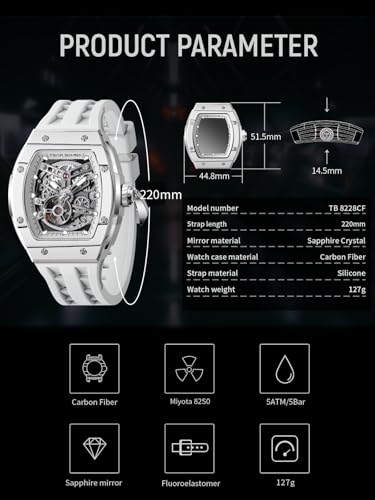 Image of TSAR BOMBA Men's Automatic Watch Tonneau Luxury Skeleton Watches for Men Mechanical 50M Waterproof Analogue Watches Mens Unique Cool Square Big Face Dial Wristwatch with Silicone Strap Band