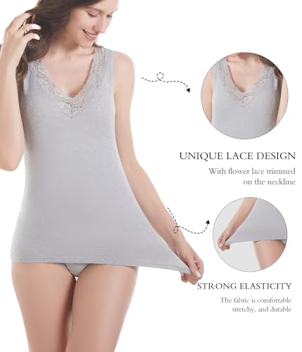 Image of Womens Tank Top Camisoles with Premium Cotton Italian Design - Trimmed with Flower Lace on Neckline
