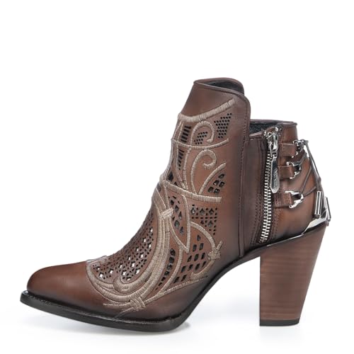 Cuadra Women's Bootie in Genuine Leather with Embroidery and Zipper Brown, 3F48RS4